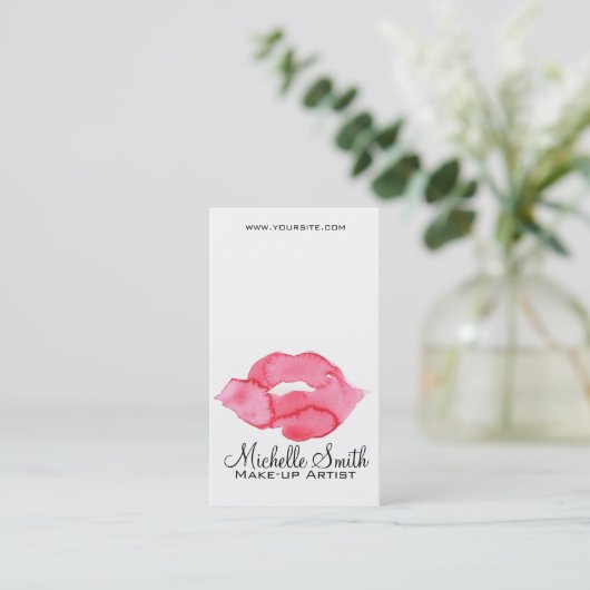 Aquarellfarbene Rosa Lippen Make-up Visitenkarte (Stehend Vorderseite)