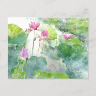 Aquarellfarbene Rosa Lotus-Blume mit Blätter Postkarte