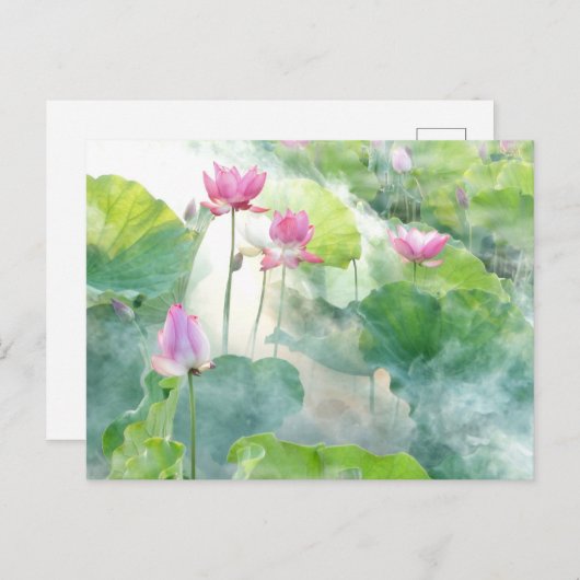 Aquarellfarbene Rosa Lotus-Blume mit Blätter Postkarte (Vorne/Hinten)