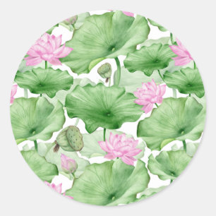 Aquarellfarbene Rosa Lotus-Blume mit großen Blätte Runder Aufkleber