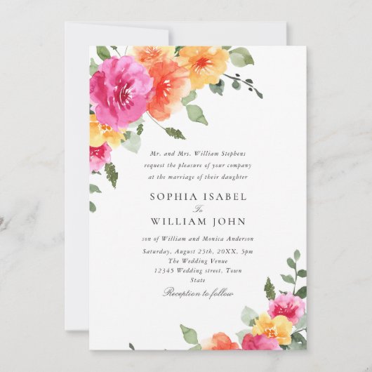 Aquarellfarbene, rosa Orangefarbene Blume Hochzeit Einladung (Vorderseite)