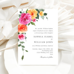 Aquarellfarbene, rosa Orangefarbene Blume Hochzeit Einladung