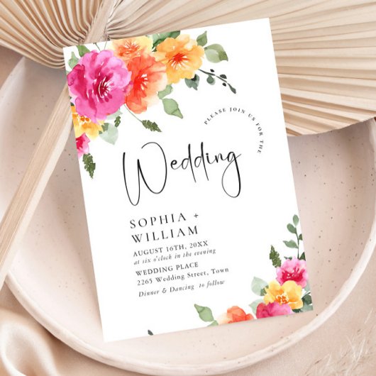Aquarellfarbene, rosa Orangefarbene Blume Hochzeit Einladung