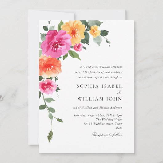 Aquarellfarbene, rosa Orangefarbene Blume Hochzeit Einladung (Vorderseite)