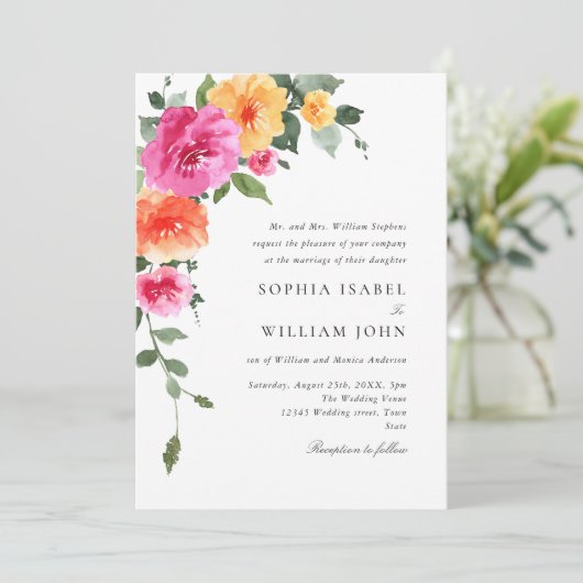 Aquarellfarbene, rosa Orangefarbene Blume Hochzeit Einladung (Stehend Vorderseite)