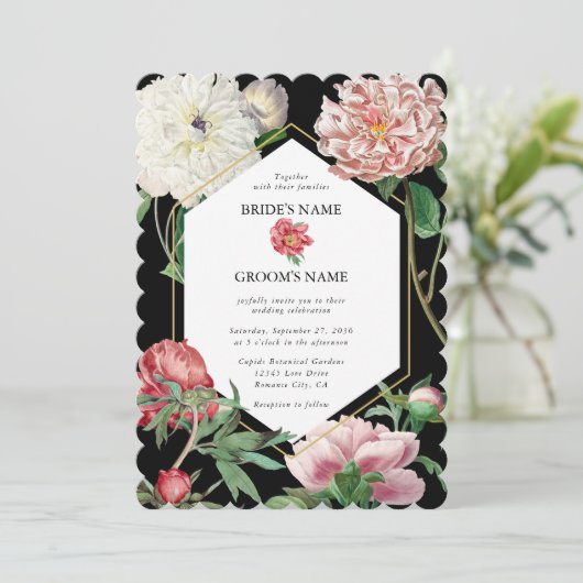 Aquarellfarbene Rosa-Peonies-Blume Hochzeiten Schw Einladung (Stehend Vorderseite)