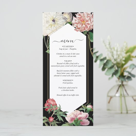 Aquarellfarbene Rosa-Peonies-Blume Hochzeiten Schw Menükarte (Stehend Vorderseite)