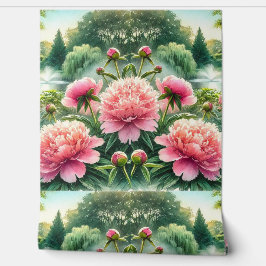 Aquarellfarbene Rosa Peonies und Grünflächen-Tapet Tapete