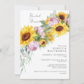 Aquarellfarbene Rosa Peonings & Sonnenblumen Braut Einladung (Vorderseite)