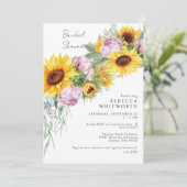 Aquarellfarbene Rosa Peonings & Sonnenblumen Braut Einladung (Stehend Vorderseite)