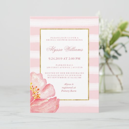 Aquarellfarbene Rosa Streifen und Peony-Brautparty Einladung (Stehend Vorderseite)