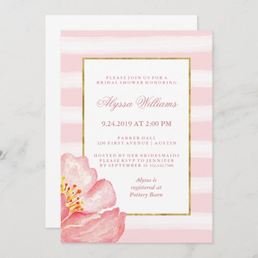 Aquarellfarbene Rosa Streifen und Peony-Brautparty Einladung (Vorne/Hinten)