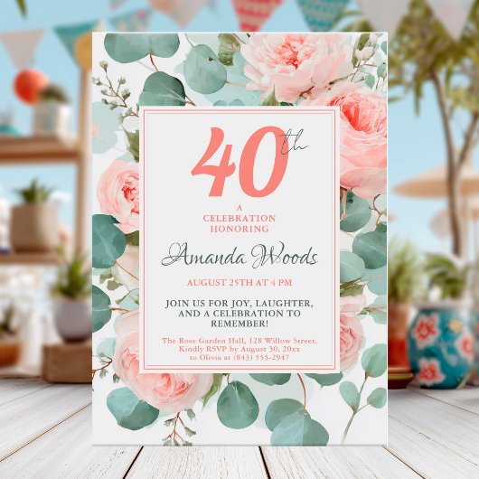 Aquarellfarbene Rose 40. Einladung