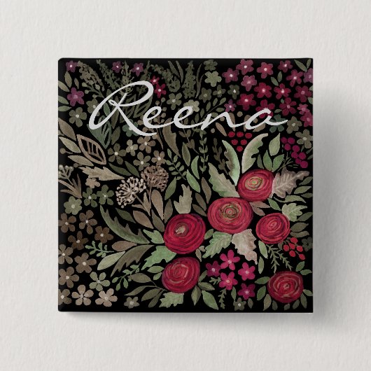 Aquarellfarbene Rose auf schwarzem Hintergrund, Aq Button (Vorderseite)