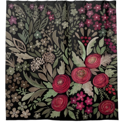 Aquarellfarbene Rose auf schwarzem Hintergrund, Aq Duschvorhang (Vorderseite)