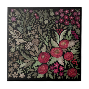 Aquarellfarbene Rose auf schwarzem Hintergrund, Aq Fliese