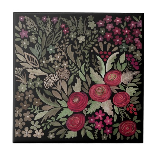 Aquarellfarbene Rose auf schwarzem Hintergrund, Aq Fliese (Vorderseite)