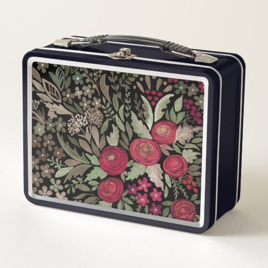 Aquarellfarbene Rose auf schwarzem Hintergrund, Aq Metall Brotdose (Vorderseite)