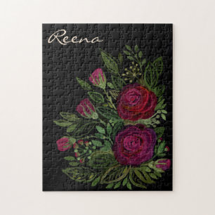 Aquarellfarbene Rose auf schwarzem Hintergrund, Aq Puzzle