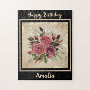 Aquarellfarbene Rose auf schwarzem Hintergrund, Aq Puzzle