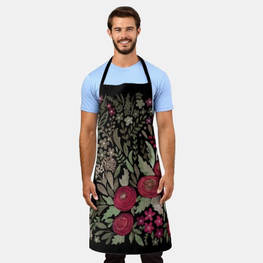 Aquarellfarbene Rose auf schwarzem Hintergrund, Aq Schürze (Getragen)