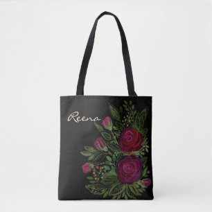 Aquarellfarbene Rose auf schwarzem Hintergrund, Aq Tasche