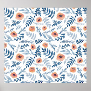 Aquarellfarbene Rose: Blaue Blätter Nahtlos Poster