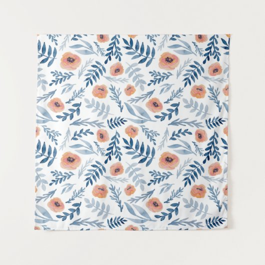 Aquarellfarbene Rose: Blaue Blätter Nahtlos Wandteppich (Vorderseite)