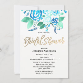 Aquarellfarbene Rose Blaues grünes Brautparty Einladung