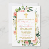 Aquarellfarbene Rose Blume Rosa Goldrahmen-Kommuni Einladung (Vorderseite)