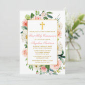 Aquarellfarbene Rose Blume Rosa Goldrahmen-Kommuni Einladung (Stehend Vorderseite)