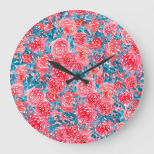 Aquarellfarbene Rose Blumenband Große Wanduhr