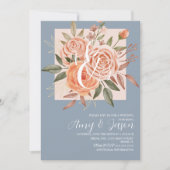 Aquarellfarbene Rose Blumenpfirsich Dusty Blue Wed Einladung (Vorderseite)