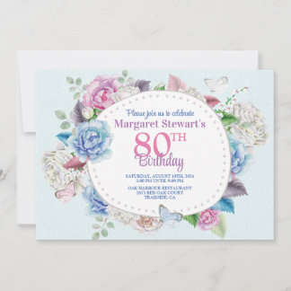 Aquarellfarbene Rose Blumenrahmen 80. Geburtstag Einladung