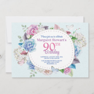 Aquarellfarbene Rose Blumenrahmen 90. Geburtstag Einladung