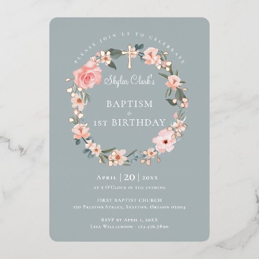 Aquarellfarbene Rose Blumenreath Taufe 1. Geburtst Folieneinladung (Vorderseite)