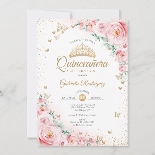 Aquarellfarbene Rose Blush Pink Floral Quinceanera Einladung (Vorderseite)