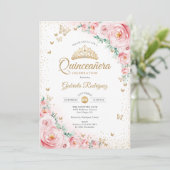 Aquarellfarbene Rose Blush Pink Floral Quinceanera Einladung (Stehend Vorderseite)