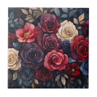 Aquarellfarbene Rose Bouquet Blätter farbenfroh Fliese