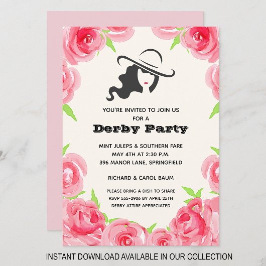 Aquarellfarbene Rose Derby Race Party Einladung