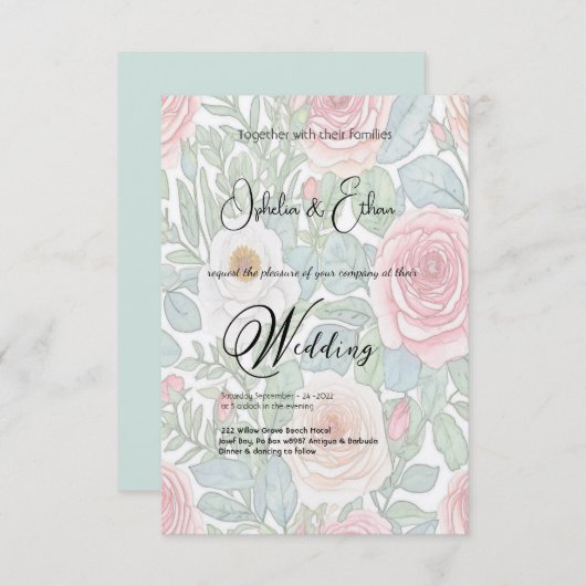 Aquarellfarbene Rose, Einladung zur Hochzeit (Vorne/Hinten)