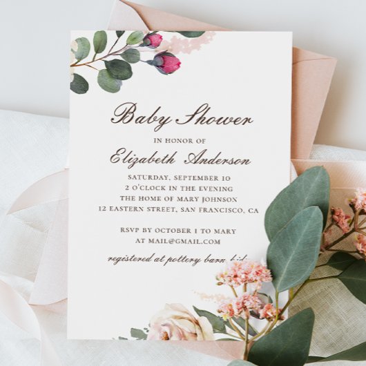 Aquarellfarbene Rose. Elegante Blütendusche Einladung