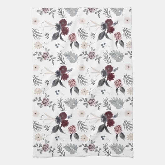Aquarellfarbene Rose Grau Blätter Geschirrtuch (Vertikal)