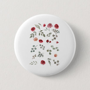 Aquarellfarbene Rose Grüne Blätter Blätter Button