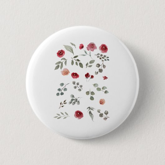 Aquarellfarbene Rose Grüne Blätter Blätter Button (Vorderseite)