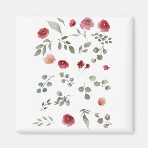 Aquarellfarbene Rose Grüne Blätter Blätter Magnet