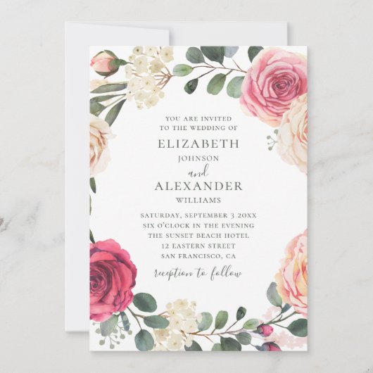 Aquarellfarbene Rose. Hochzeitsfeier mit Blumen Einladung (Vorderseite)