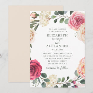 Aquarellfarbene Rose. Hochzeitsfeier mit Blumen Einladung