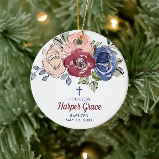 Aquarellfarbene Rose Personalisierte Taufe für Mäd Keramik Ornament (Baum)