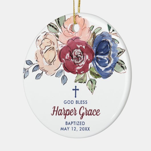 Aquarellfarbene Rose Personalisierte Taufe für Mäd Keramik Ornament (Links)
